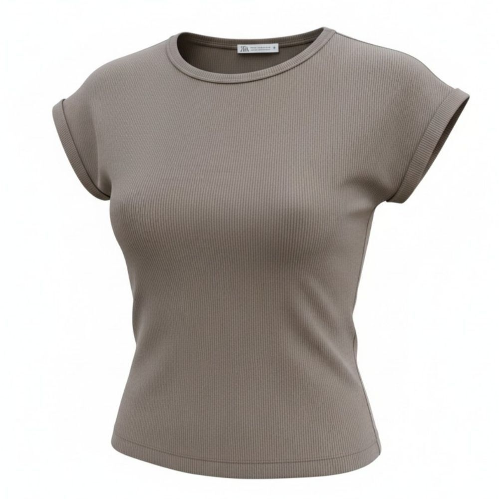 Zara Short Sleeve Ribbed Top in Taupe